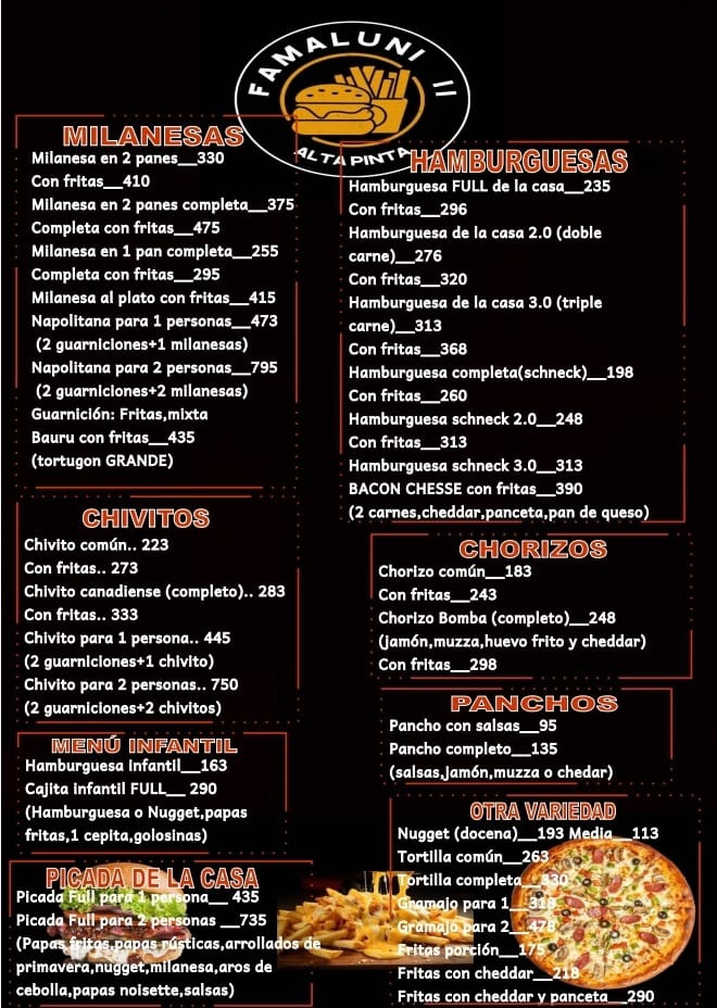 CARRITO FAMALUNI CARRITO FAMALUNI Milanesas
Hamburguesas
Chivitos 
Chorizos 
Panchos