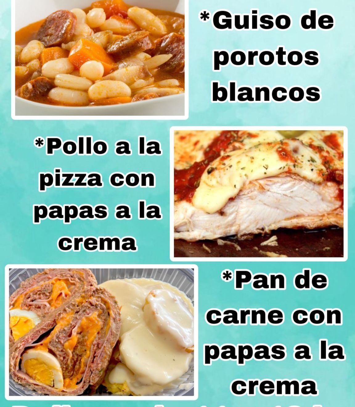 LA COCINA DE SIL Comida casera  Guiso de porotos 
Pollo a la pizza 
Pan de carne 