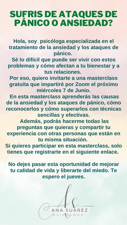 CONSULTORIO PSICÓLOGICO ANA SUAREZ Especialista en ansiedad y ataques de pánico.